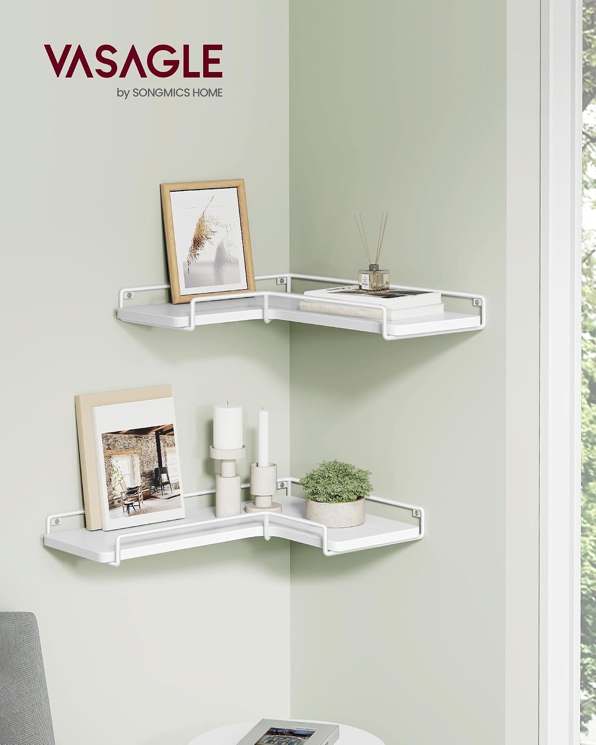 Detalle 2 de VASAGLE LLS831W14 Corner Shelves, Set of 2, L-Shaped White Floating Shelves