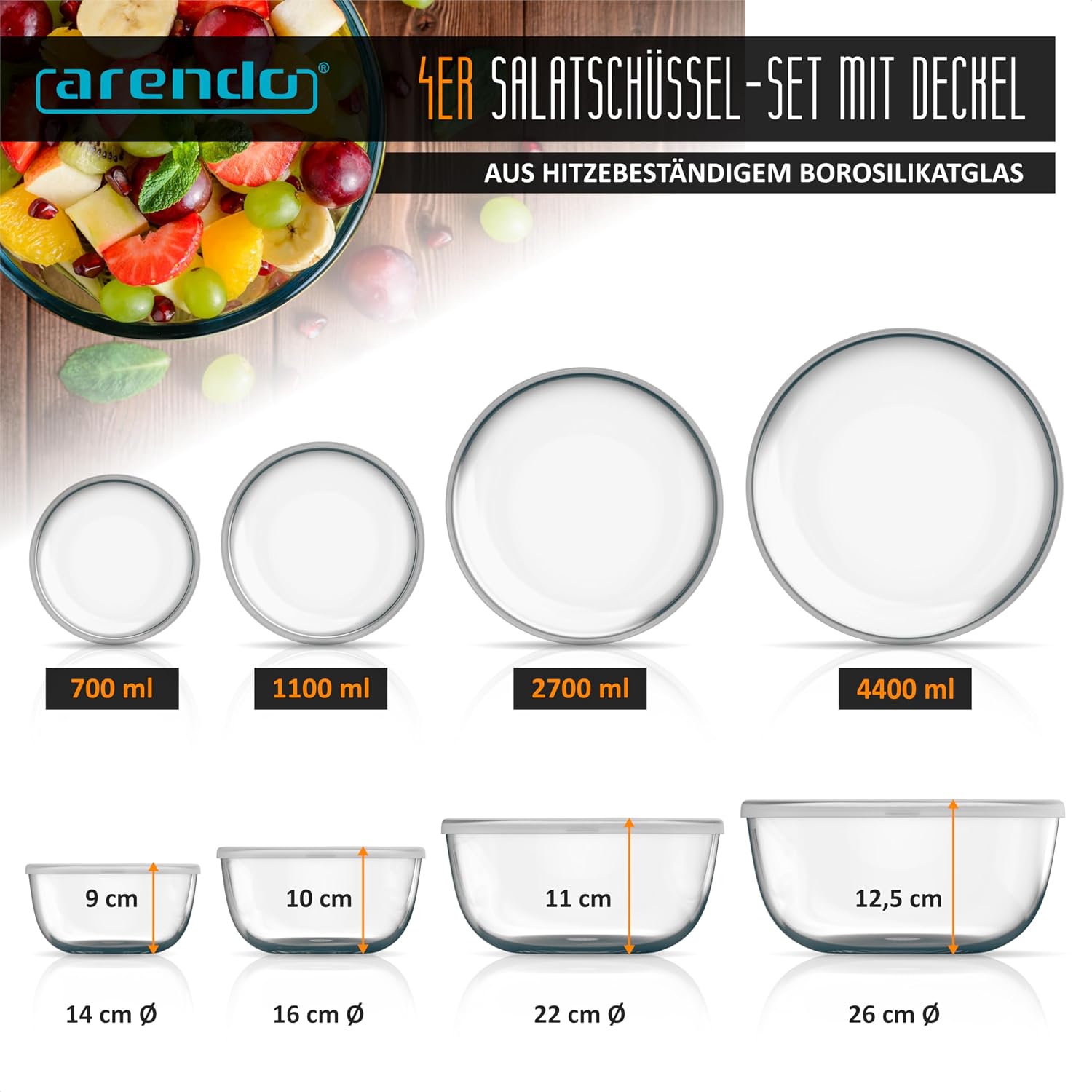 Detalle de Arendo Rührschüsseln aus Borosilikatglas im 4er-Set mit Deckel (0,7 / 1,1 / 2,7 / 4,4 l)