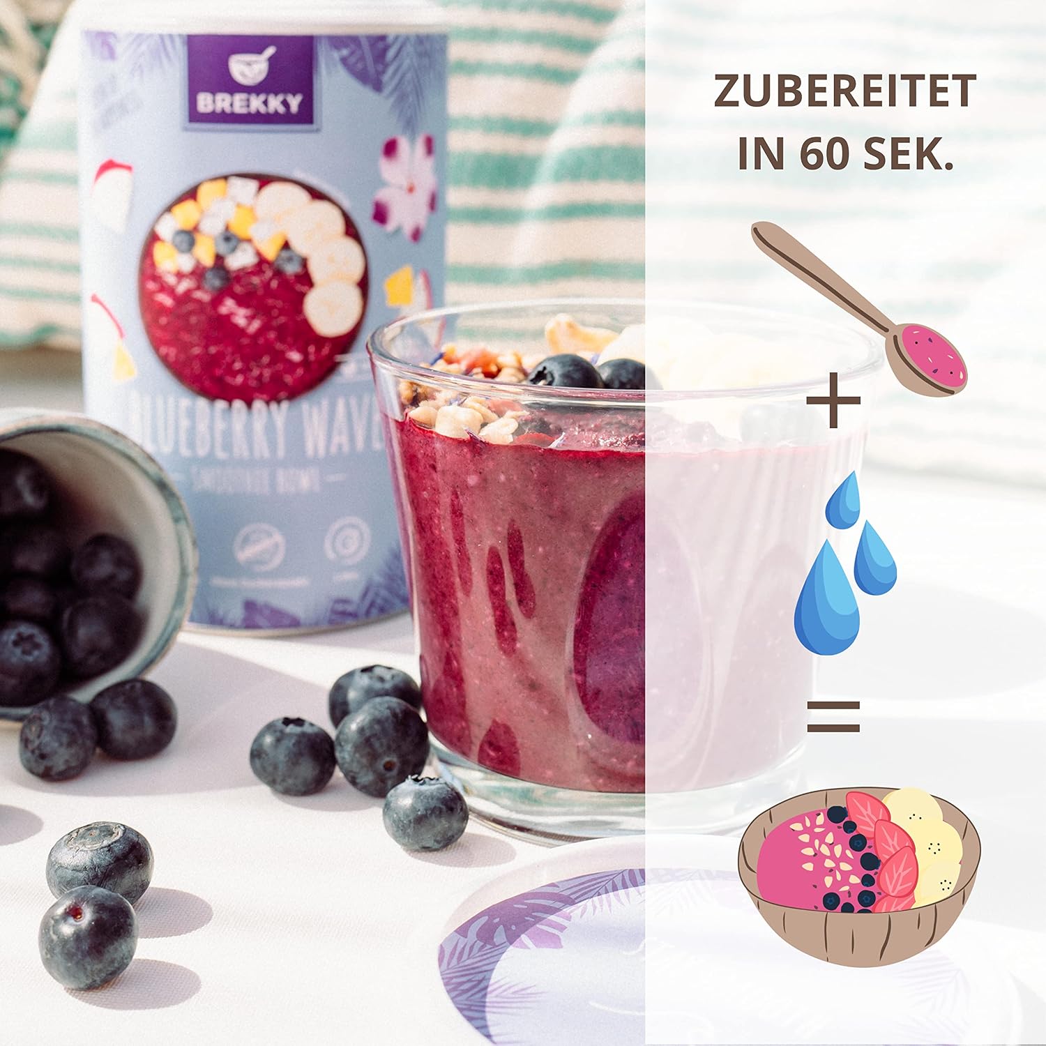 Detalle de BREKKY Blueberry Wave Smoothie Bowl – vegan, 100% natürlich, ohne Zuckerzusatz – praktisches Frühstückspulver