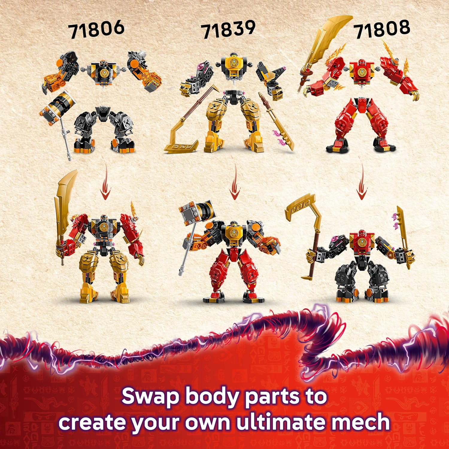 Detalle 2 de LEGO NINJAGO 71839 Arin’s Spinjitzu Battle Mech Toy (Mix & Match posable mech with Baby Riyu dragon + 2 minifigures)