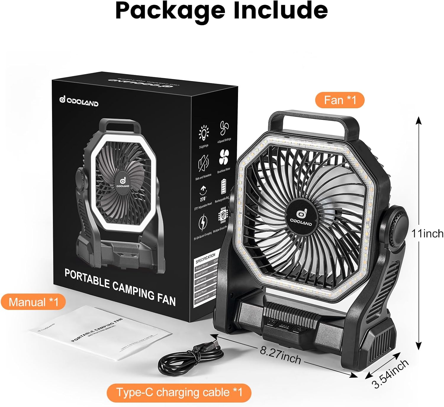 Detalle 2 de Odoland Portable Rechargeable Fan with LED Lantern (20000mAh) – 4 Speeds, 270° Oscillation