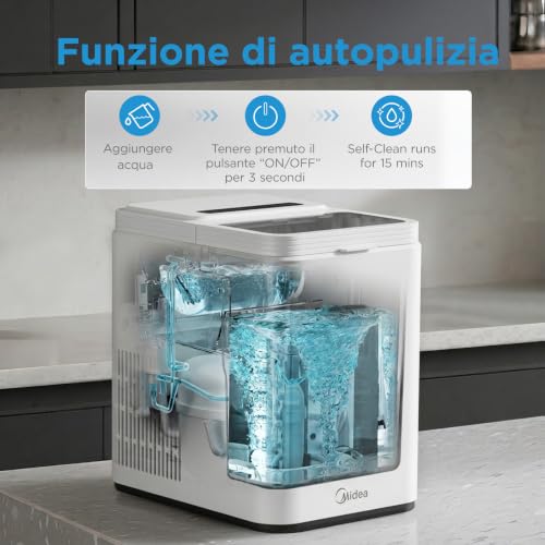 Detalle de Midea MERI12BG01EU: Macchina del ghiaccio 12 kg/24h, 8 cubetti in 6–9 minuti, Bianco