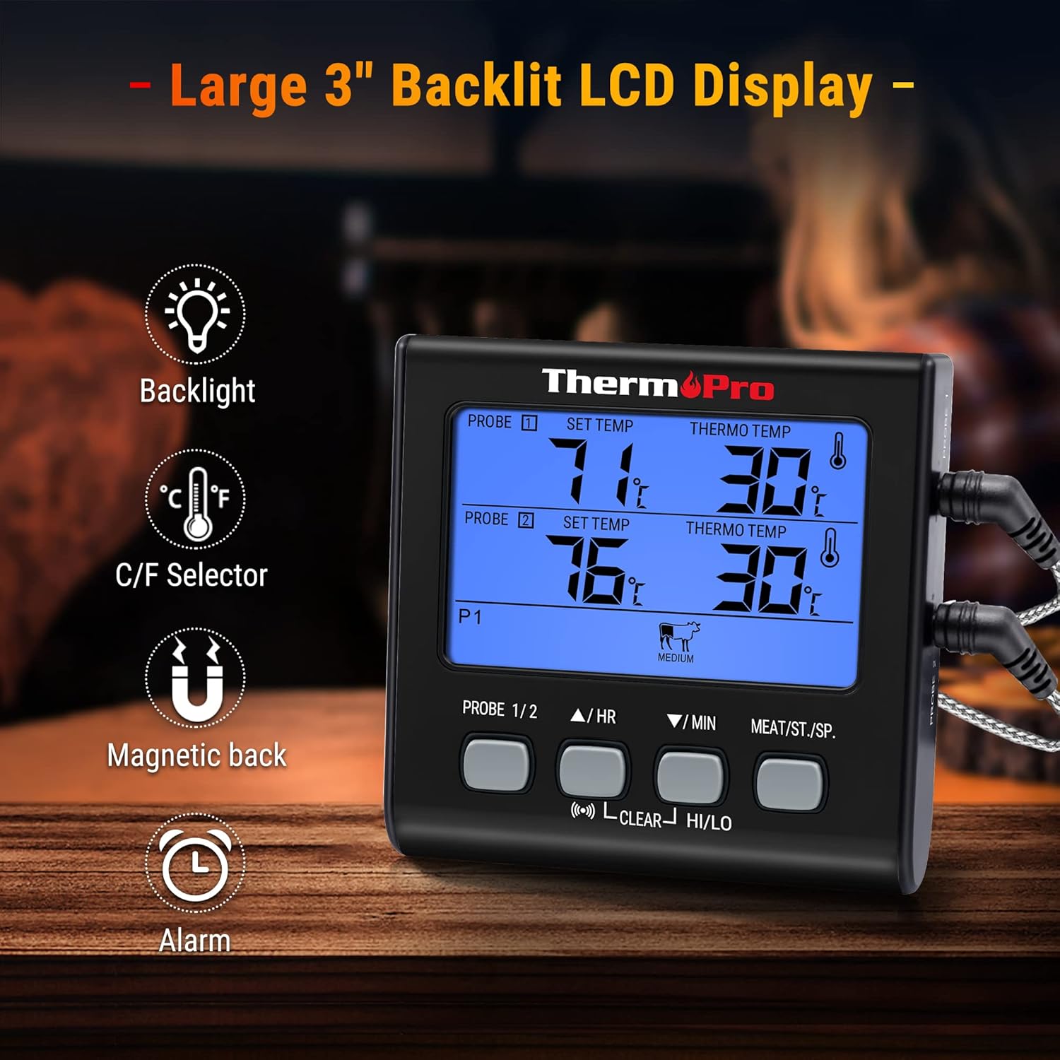 Thumbnail 3 de ThermoPro Fleischthermometer Digital – Grill-Thermometer mit zwei Edelstahlsonden und blau beleuchteter Anzeige