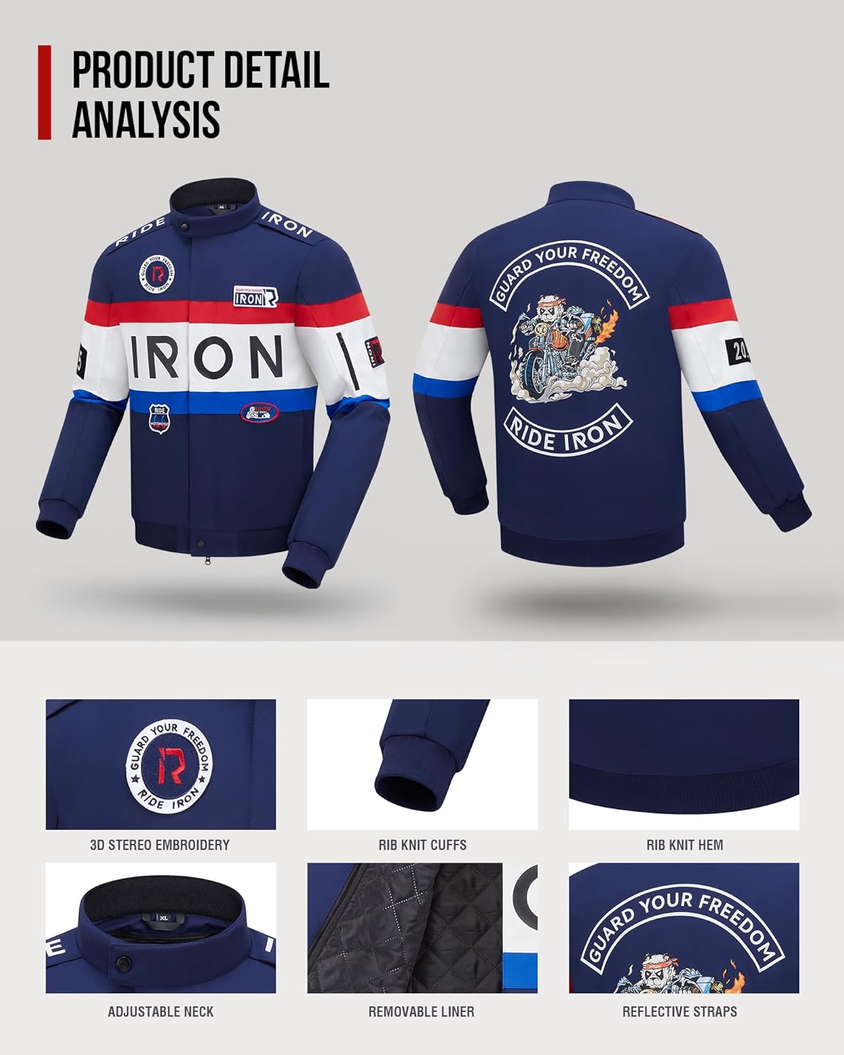 Thumbnail 3 de RIDEIRON Giacca Moto Uomo con Protezioni CE – 4 Stagioni, Fodera Termica Rimovibile, Design con Ricami