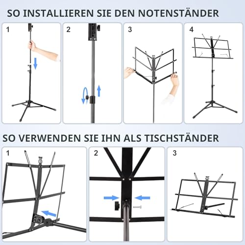 Detalle 2 de New Bee Notenständer Klappbar Stabil 2 in 1 – höhenverstellbar, 180° neigbar, Tragetasche