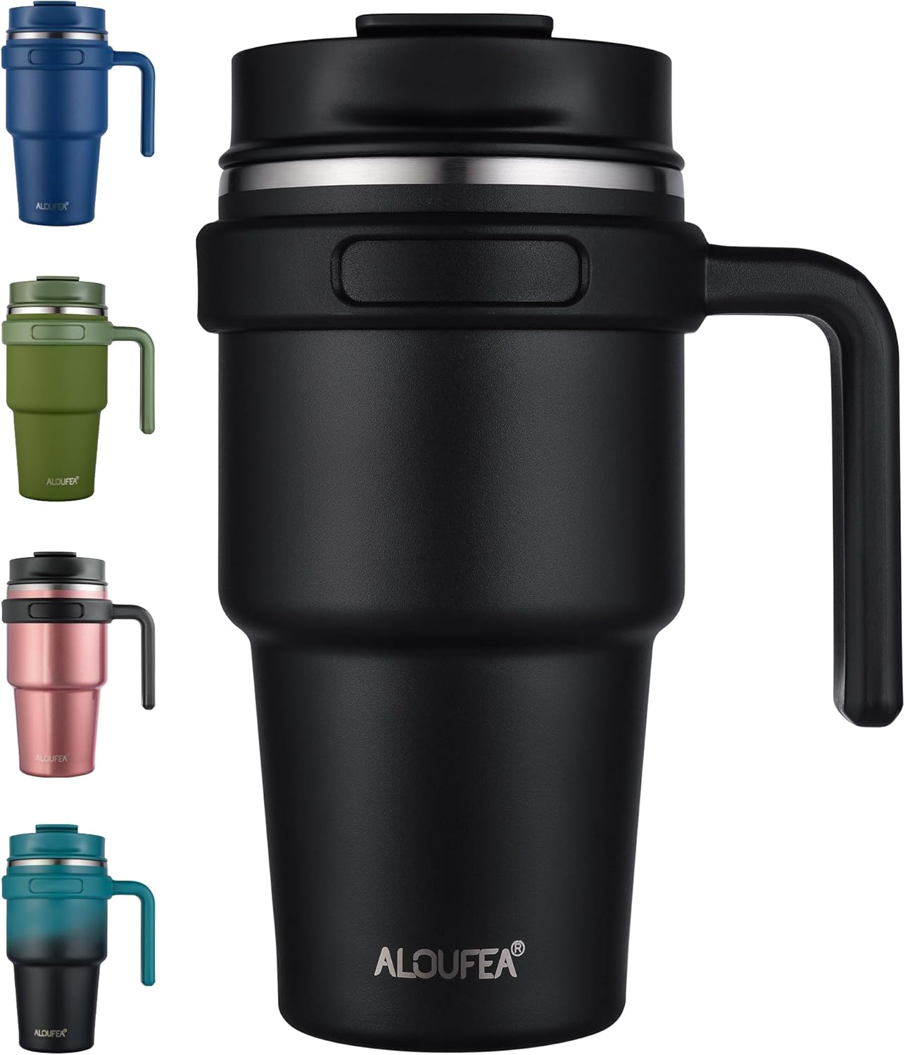 Detalle de ALOUFEA 20 oz Insulated Coffee Mug Tumbler with Handle (Stainless Steel Travel Mug with Lid and Straw), Black