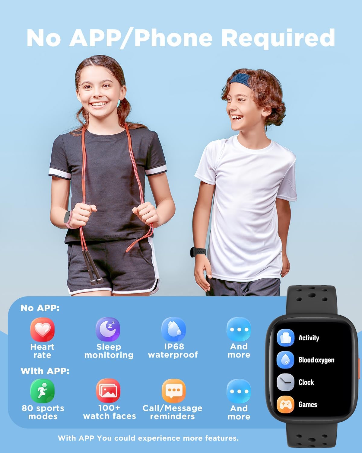 Detalle 2 de BIGGERFIVE BRAVE 2 Kids Smart Watch (1.8" Fitness Tracker, Heart Rate, Sleep, IP68) – Black