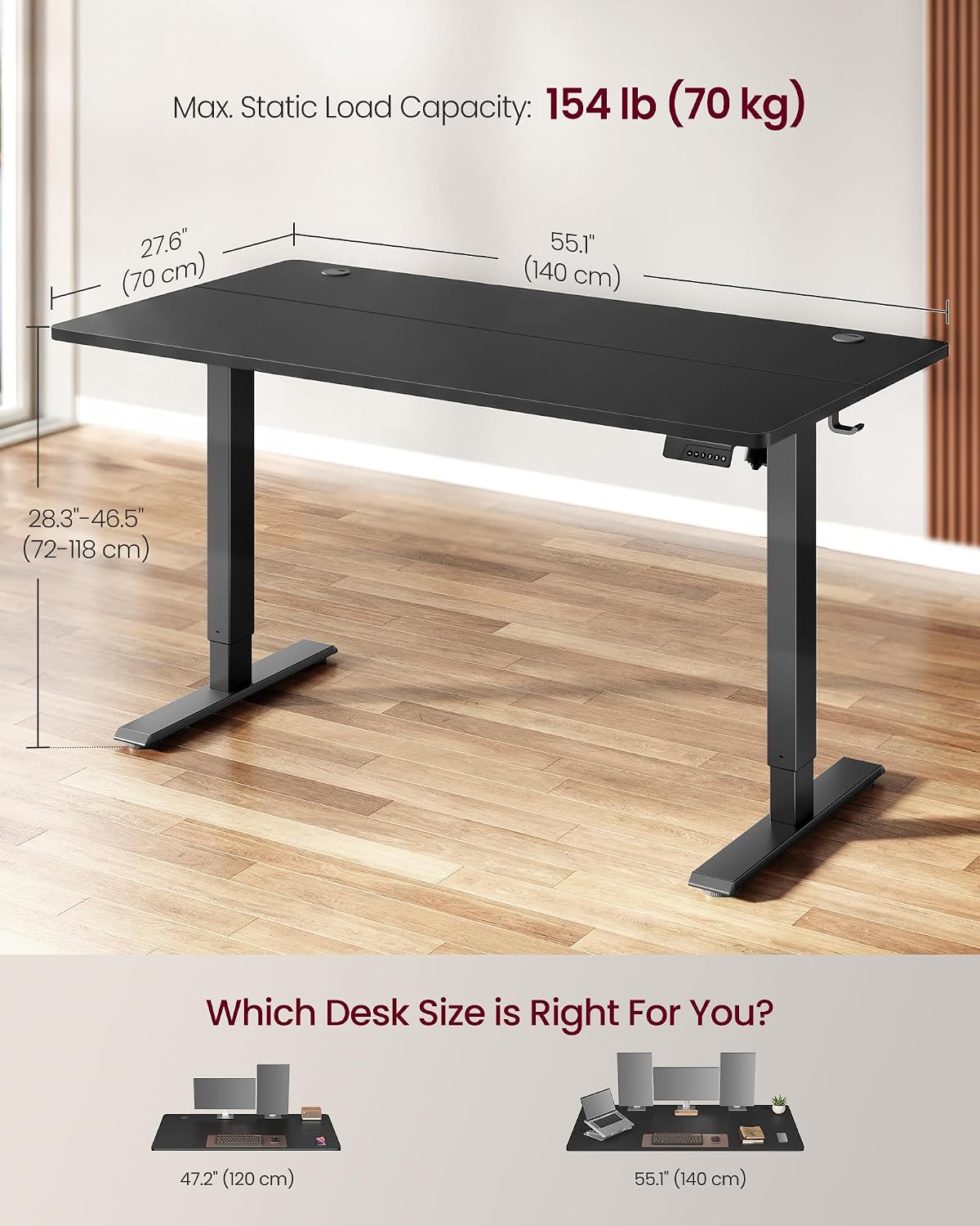 Detalle de VASAGLE ULSD315BZ02SV1 Electric Standing Desk, 55 x 28 Inches, 4 Presets