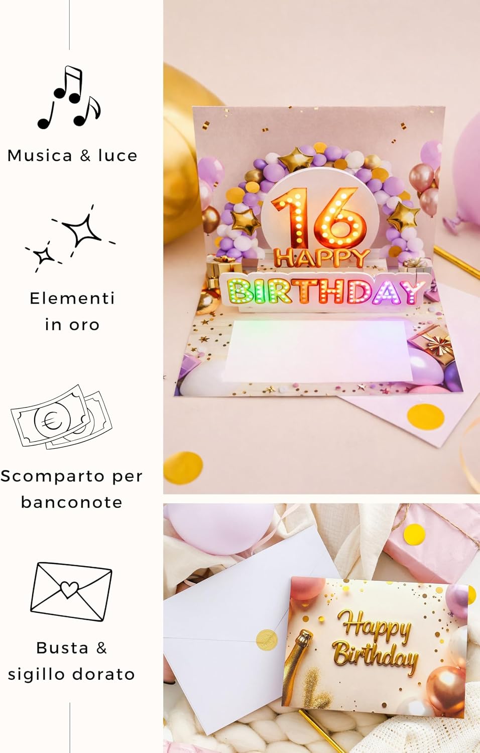 Detalle de Joli Coon Biglietto Auguri 16 Anni Ragazza – biglietto 3D pop up con musica e luce, busta e sigillo