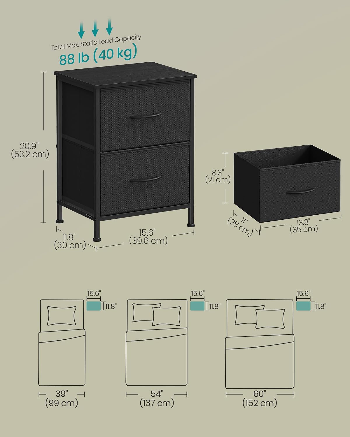 Detalle 2 de SONGMICS BELLAH ULGS112BH02S Nightstands, 2 Drawers, Set of 2, Black