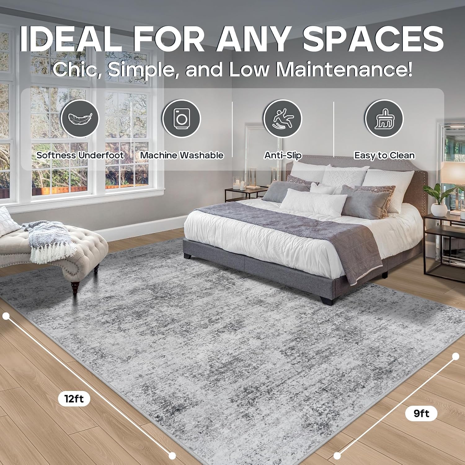 Thumbnail 1 de Aelenmu Area Rug, 9' x 12' Gray Abstract Low-Pile Washable Polyester