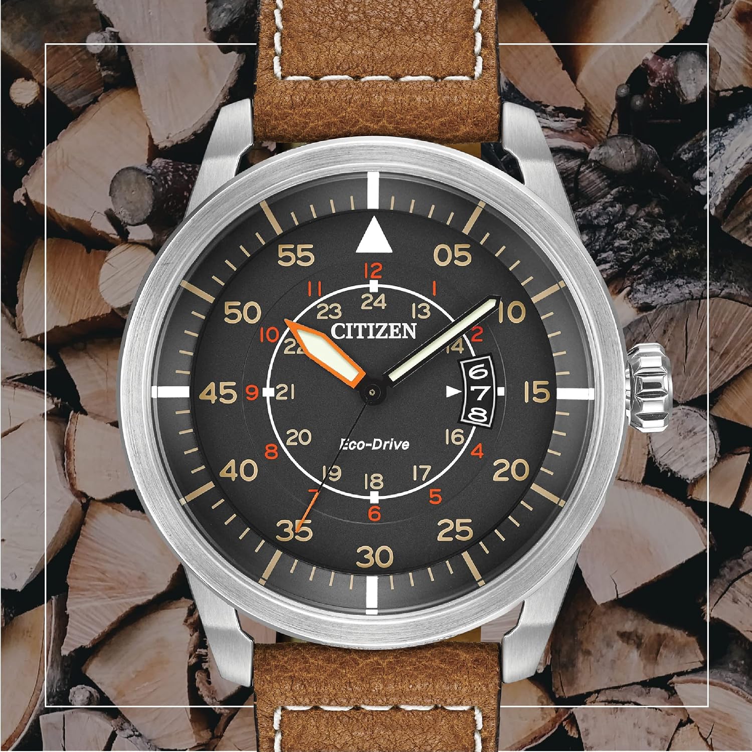 Detalle de Citizen Men’s Eco-Drive 3-Hand Date Avion Watch (AW1361:10H) with Leather Strap
