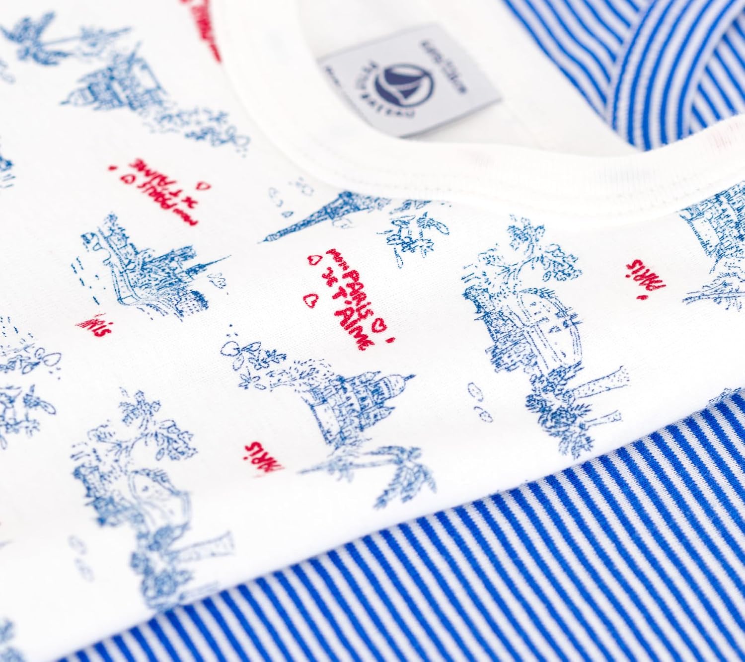 Detalle 1 de Petit Bateau lot de 2 t-shirts manches courtes garçon : marinière bleue et imprimé Paris