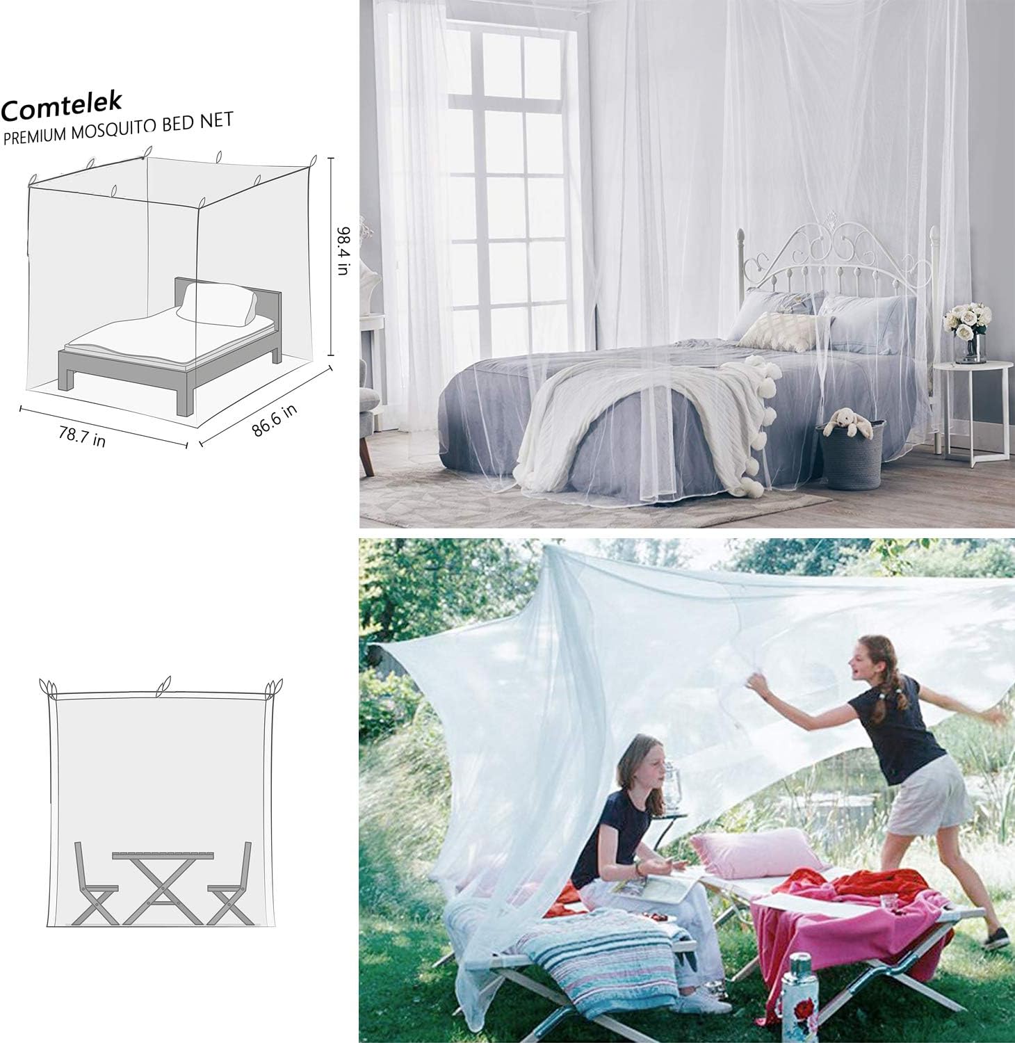 Detalle de Comtelek ダブルベッド用蚊帳 ポリエステル製・4隅設置・タッセル付き