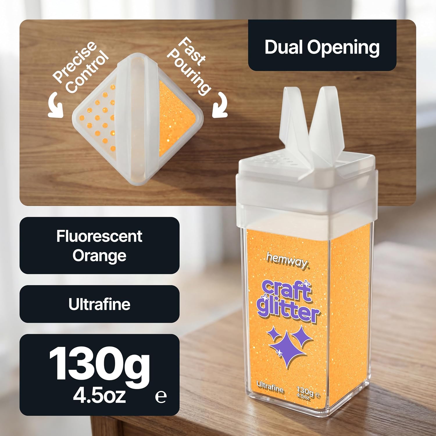 Detalle 2 de Hemway Glitter Shaker Fluorescent Orange Ultrafine 130g