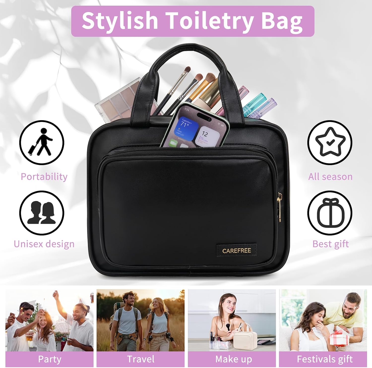 Detalle de YINGLANG Hanging Toiletry Bag – Large Capacity PU Leather Organiser with Clear Window (Pink)