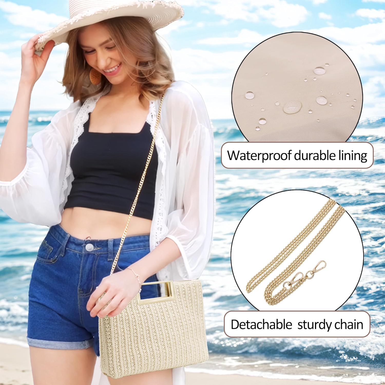 Thumbnail 1 de Milisente sac à main élégant pour femme en paille imperméable, poignée métal, idéal pour mariage