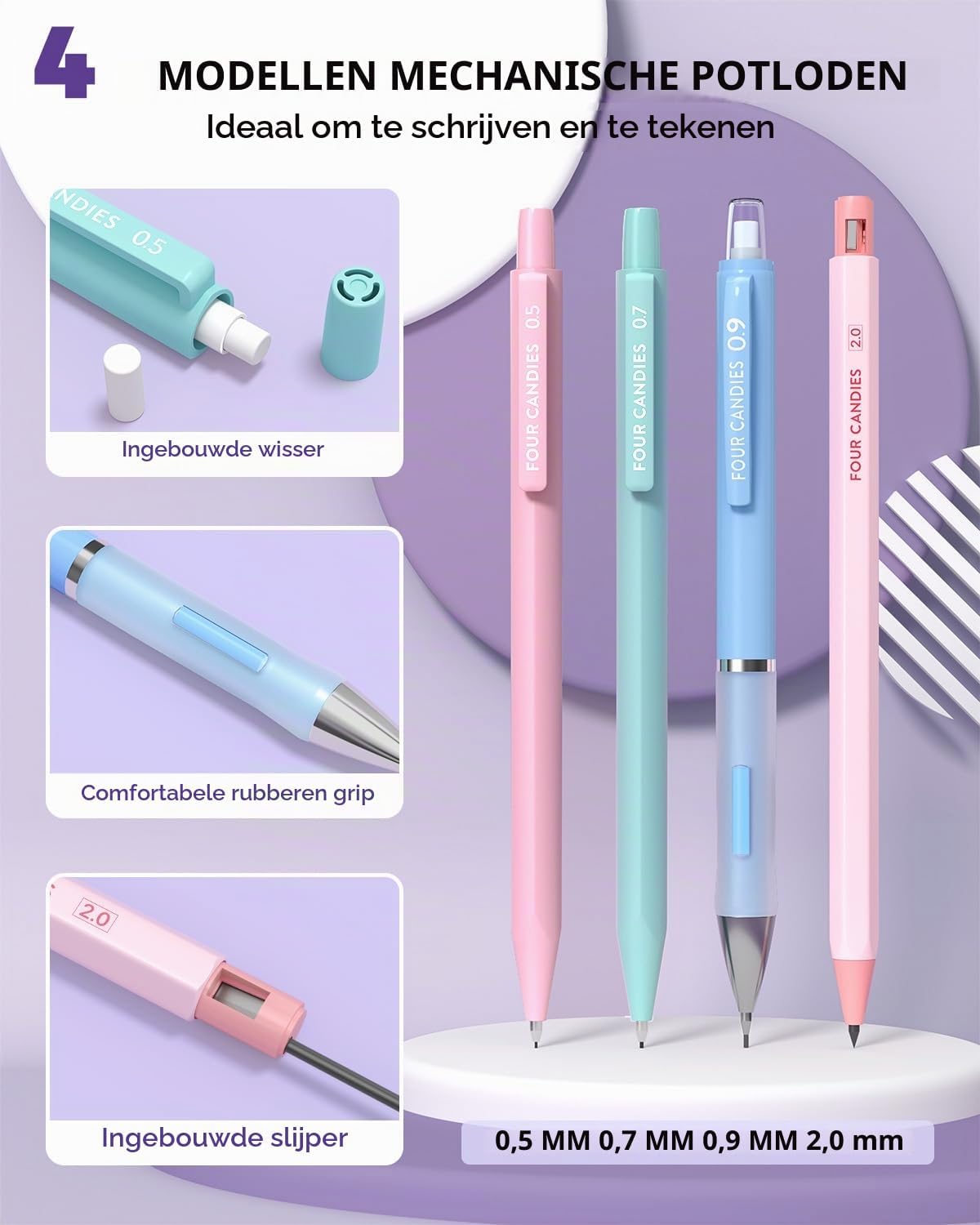 Detalle de Four Candies FC-ZDQB-TZ-FE mechanische potlodenset met etui en 4 puntdiktes