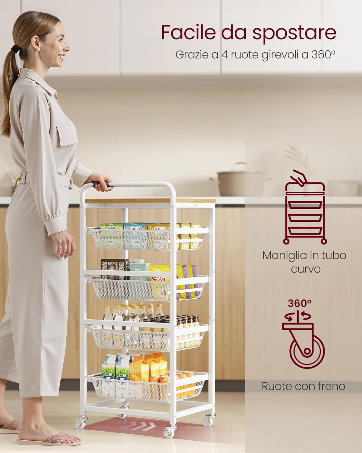 Thumbnail 4 de VASAGLE Carrello da Cucina a 5 Ripiani con Cesti Scorrevoli – Rovere Dorato e Bianco Opaco (LRC041YA01)