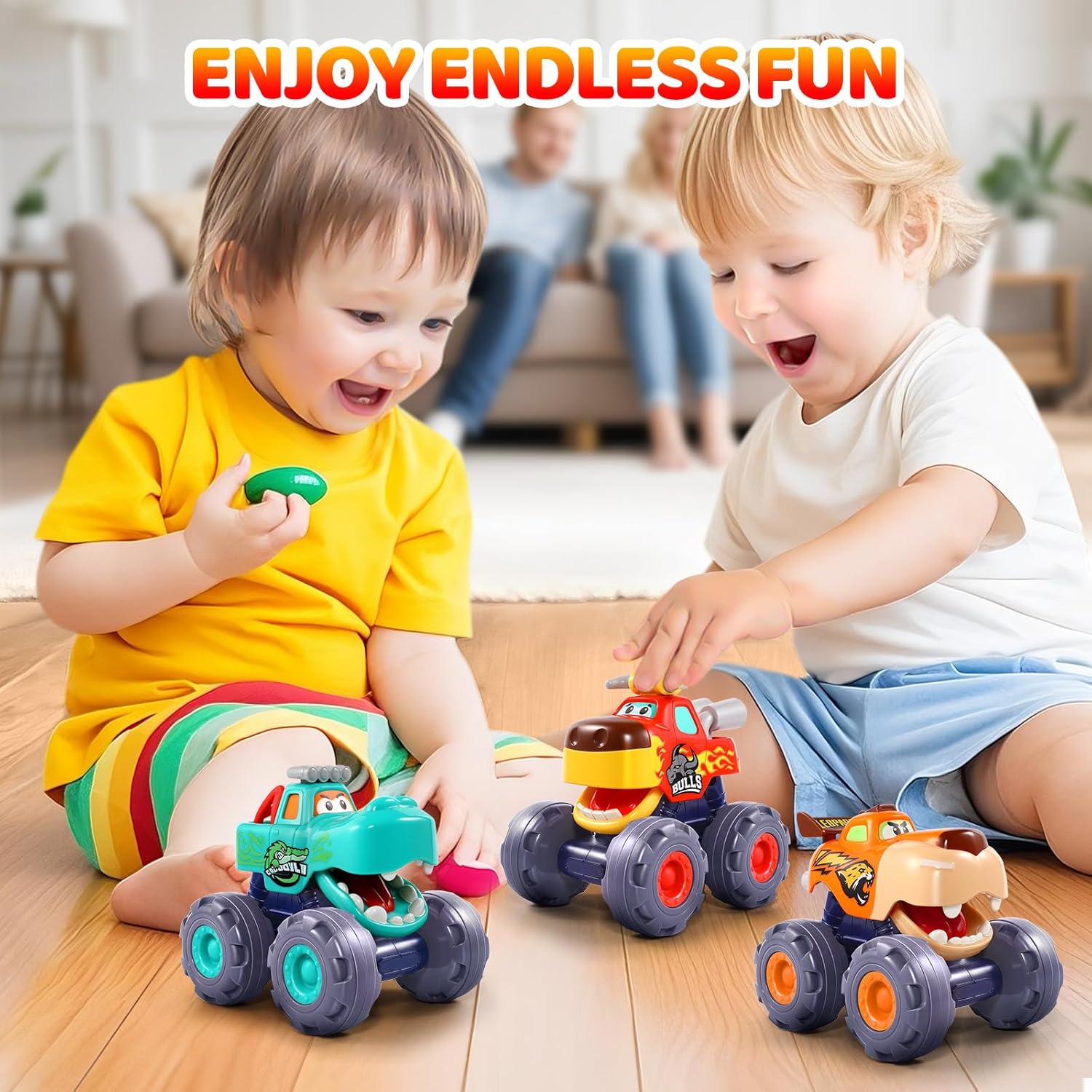 Detalle de OCATO Pull Back Monster Truck Toy Cars for 12–18 Months (3-Pack) — Gifts for 1-Year-Old Boys