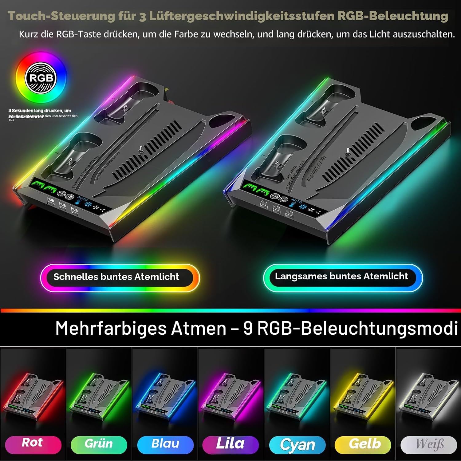 Thumbnail 6 de Rysker PS5/PS5 Slim/PS5 Pro Ständer für Disc & Digital – 3-stufige Kühlstation mit RGB-LED und Controller-Ladegerät (Schwarz)