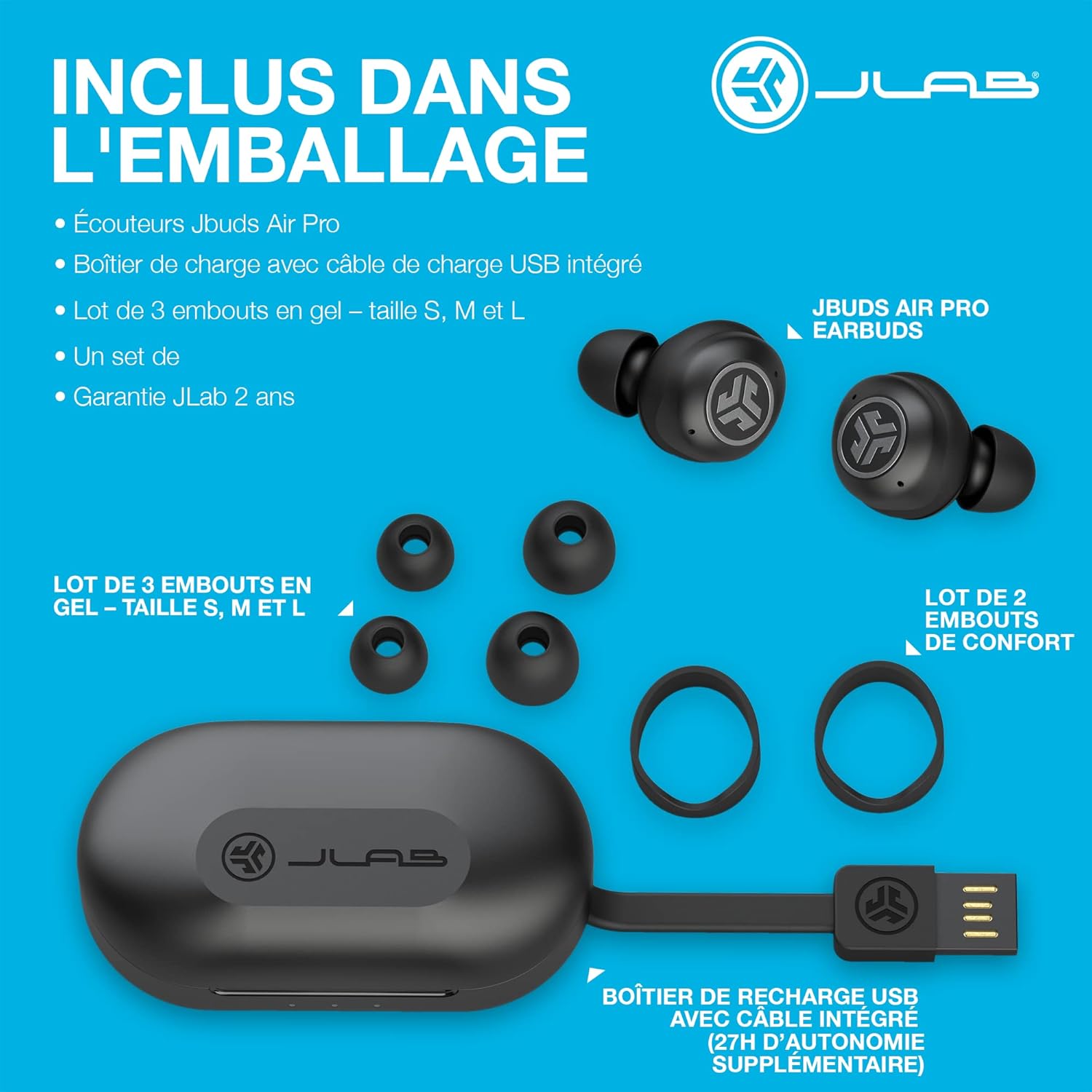 Thumbnail 6 de JLab JBuds Air Pro : écouteurs Bluetooth True Wireless avec autonomie longue, EQ3 et traqueur Tile