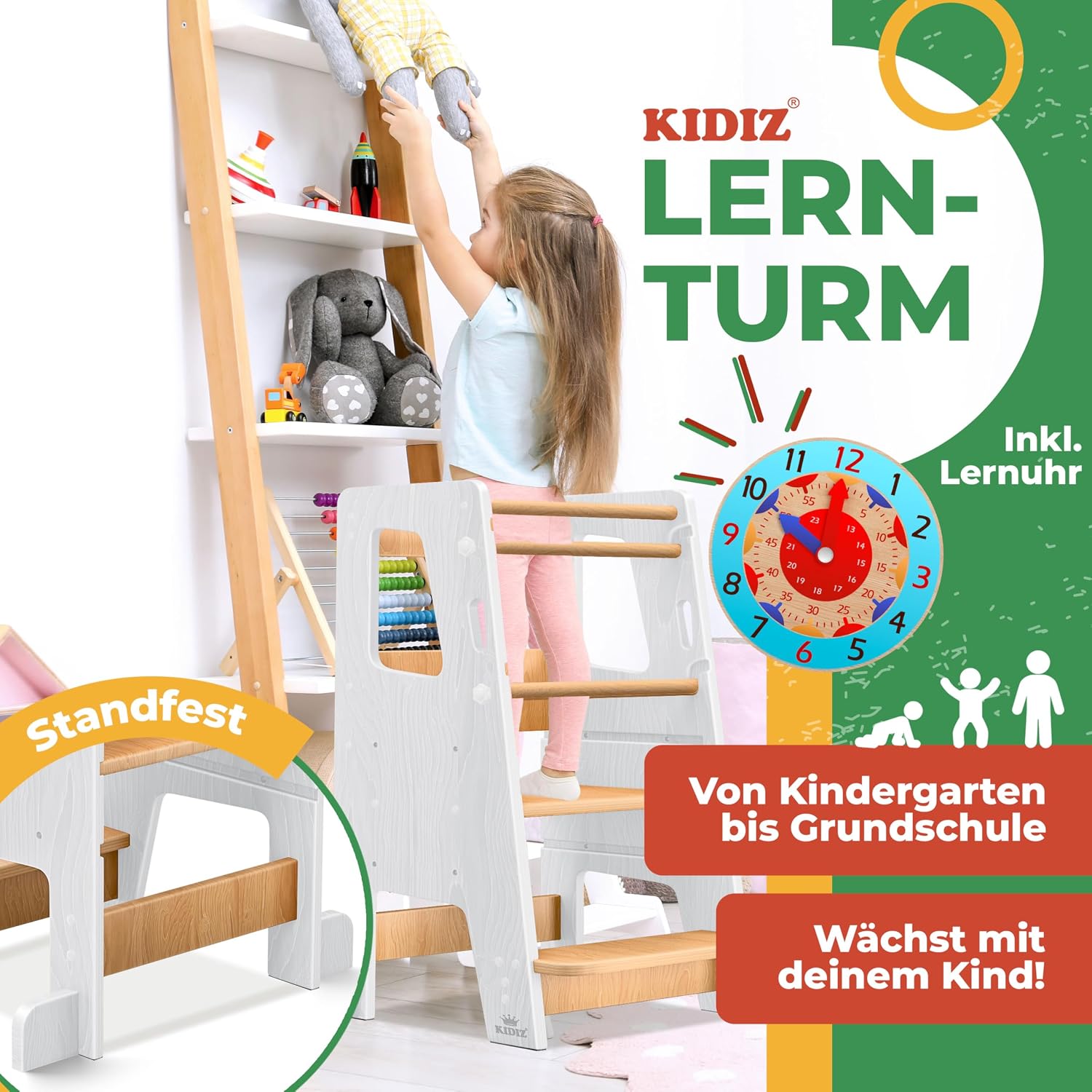 Detalle 2 de KIDIZ® Lernturm für Kinder ab 1 Jahr inkl. Lernuhr – höhenverstellbarer Tritthocker aus Kiefernholz bis 50 kg