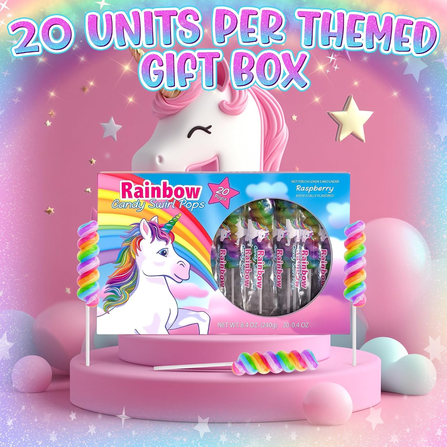 Detalle de Primary Colors Candy SWIRL-R-001 Unicorn Lollipops, Individually Wrapped 20-Pack