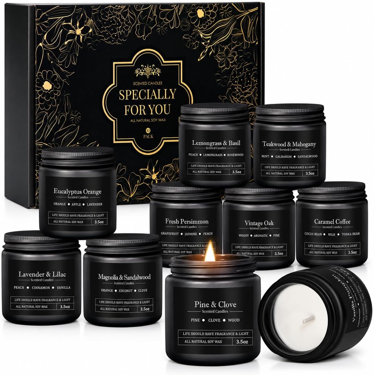 Detalle de Lot de 10 Bougies Parfumées pour Homme – Coffret Cadeau Premium en Verre et Pots Noirs