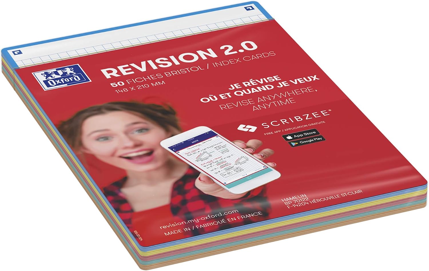 Detalle de Oxford Révision 2.0 – Fiches Bristol A5 50 unités, cadre turquoise, rayure 5x5 (Recto/Verso)