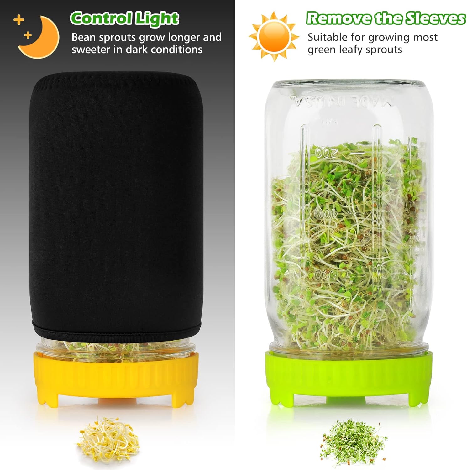 Detalle 2 de Kitmiido Sprouting Kit for Seeds, 2 Wide-Mouth Jars, Mesh Lids & Sleeves