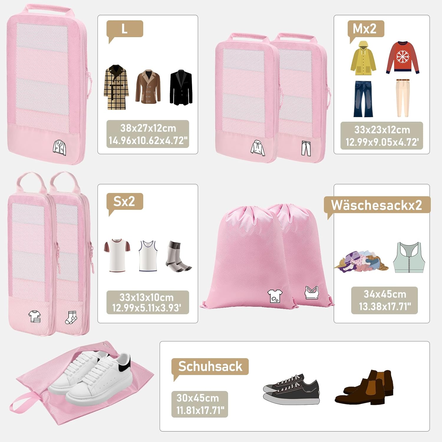 Thumbnail 5 de 8‑teilige Compression Packing Cubes von Samfolk – Rosa, Koffer Organizer inkl. 2 Zusatzbeuteln (34×45 cm)