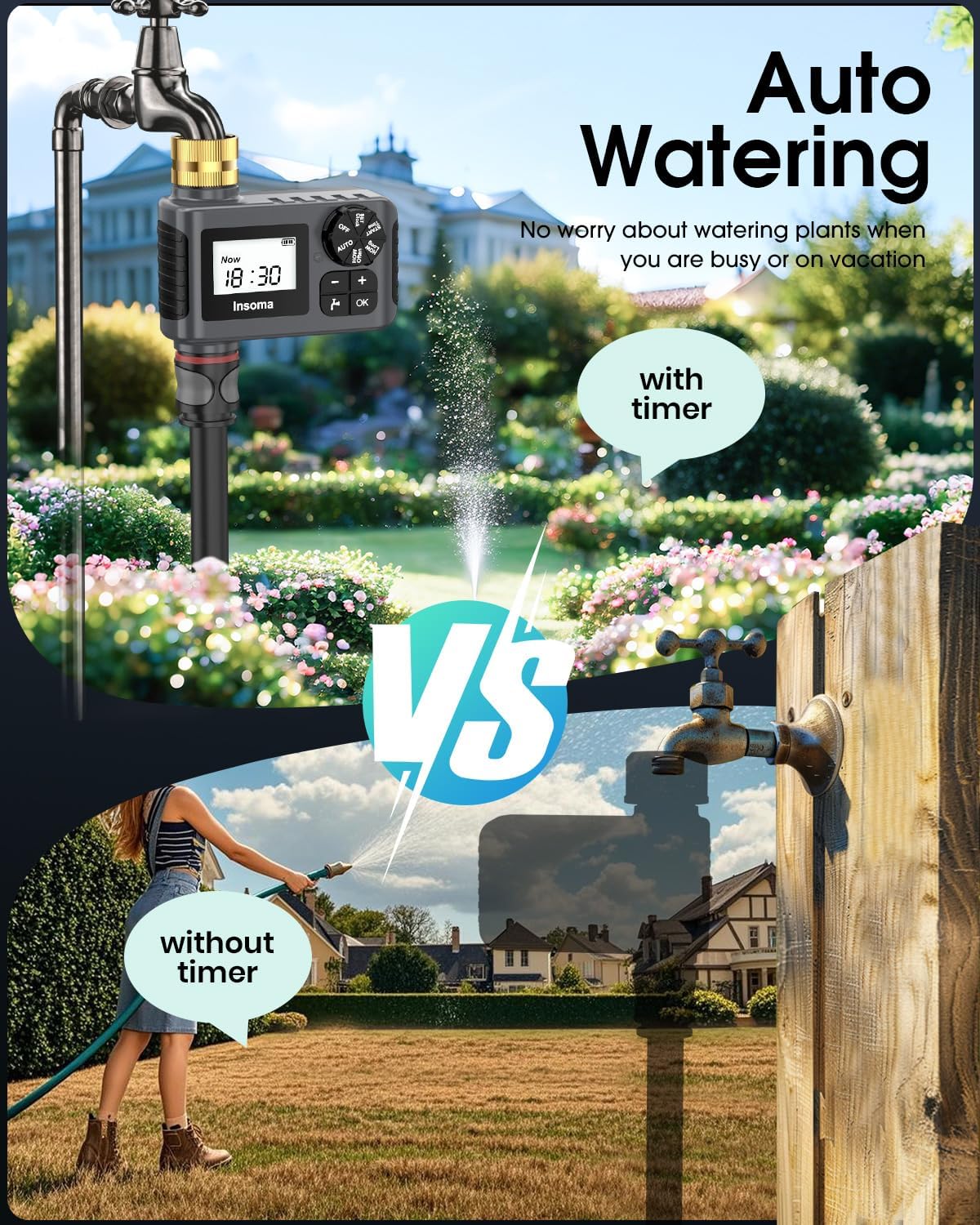 Detalle 2 de Insoma Water Timer for Outdoor Garden Hose with Rain Delay, Manual Mode & LCD
