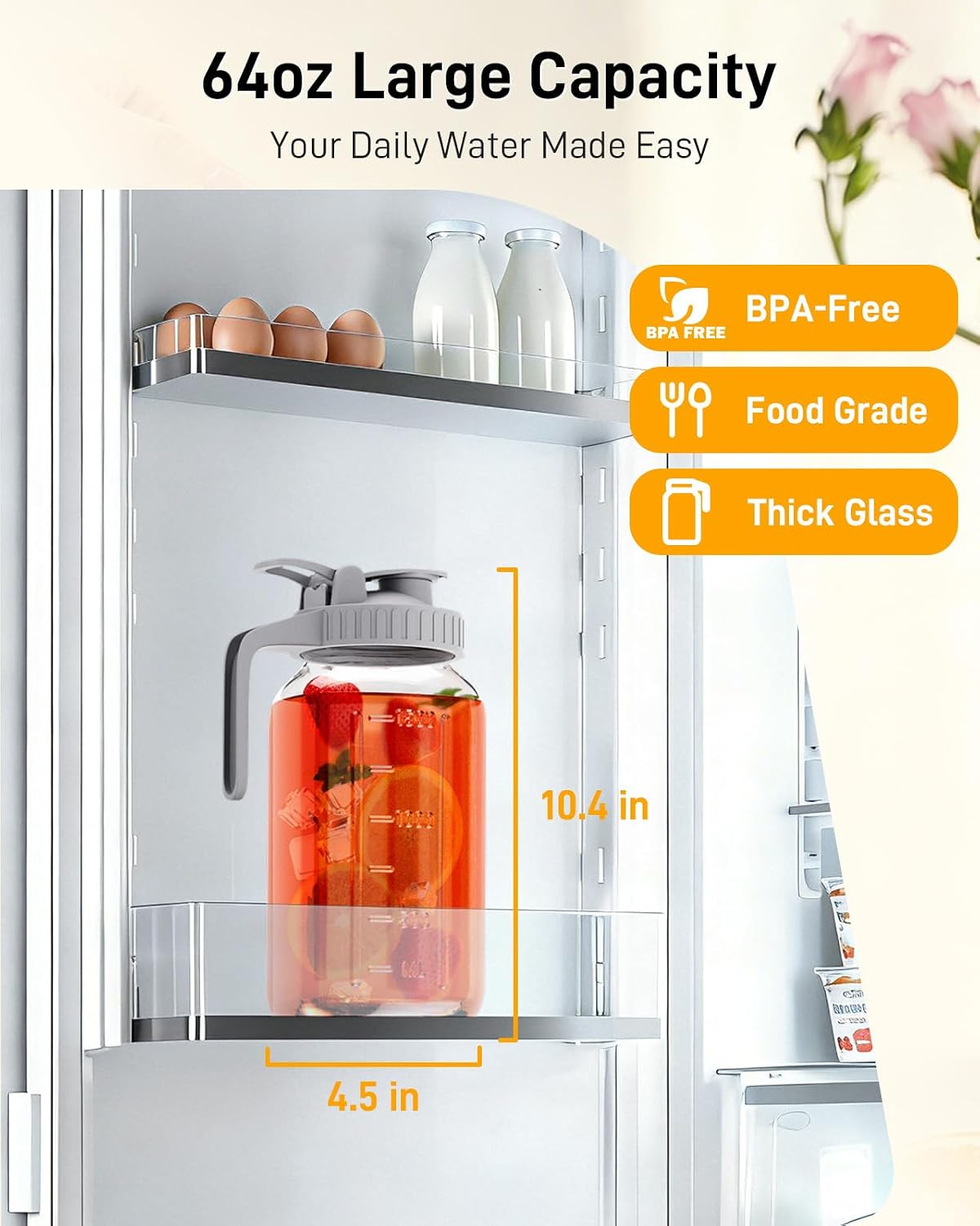 Detalle de OneDream 64 oz Mason Jar Pitcher with Airtight Lid, Wide Mouth & Pour Spout