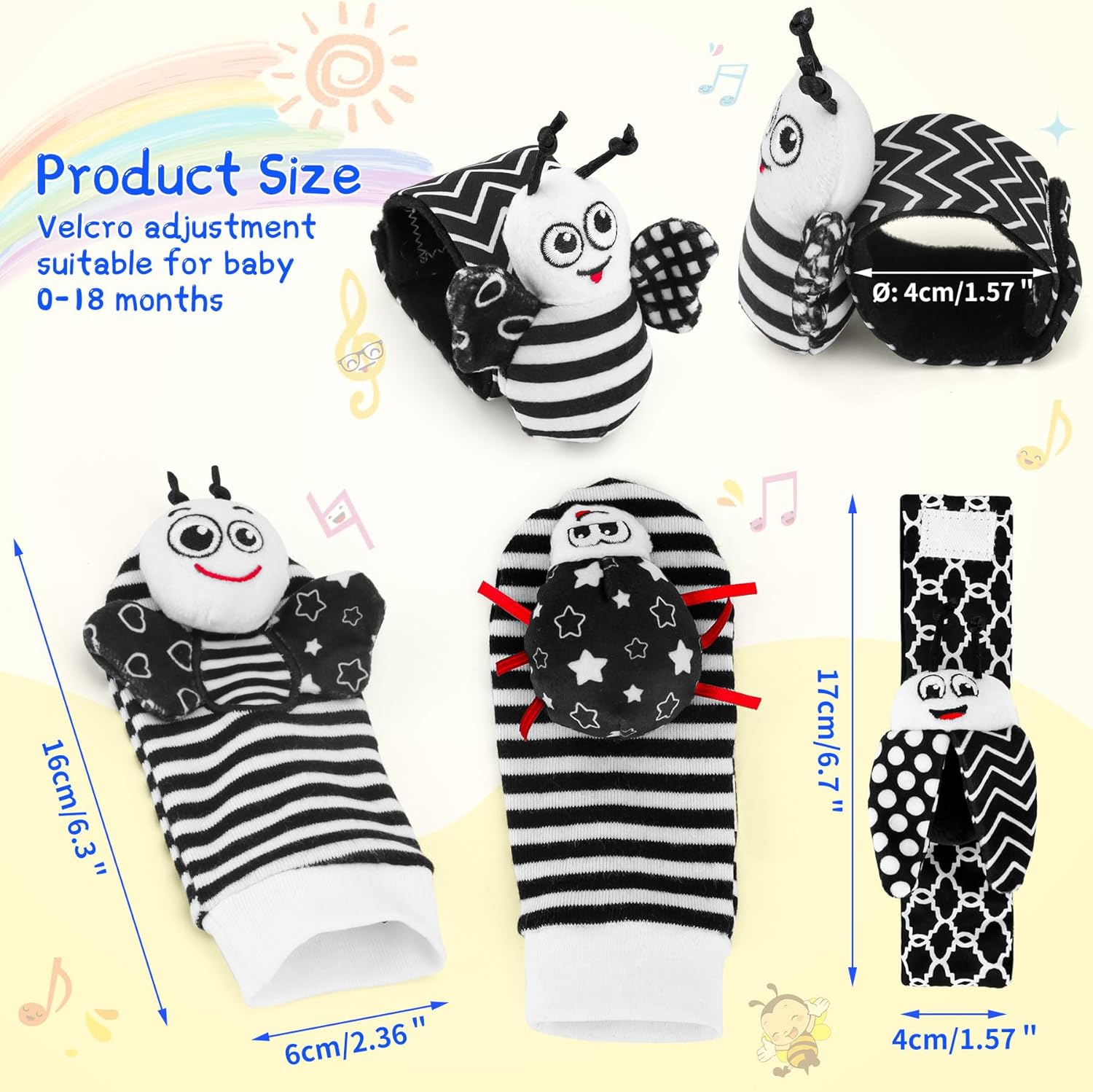 Thumbnail 6 de Baby Toys 0-6 Months Foot Finders & Wrist Rattles (Black and White Sensory Toys) – 4pc Set