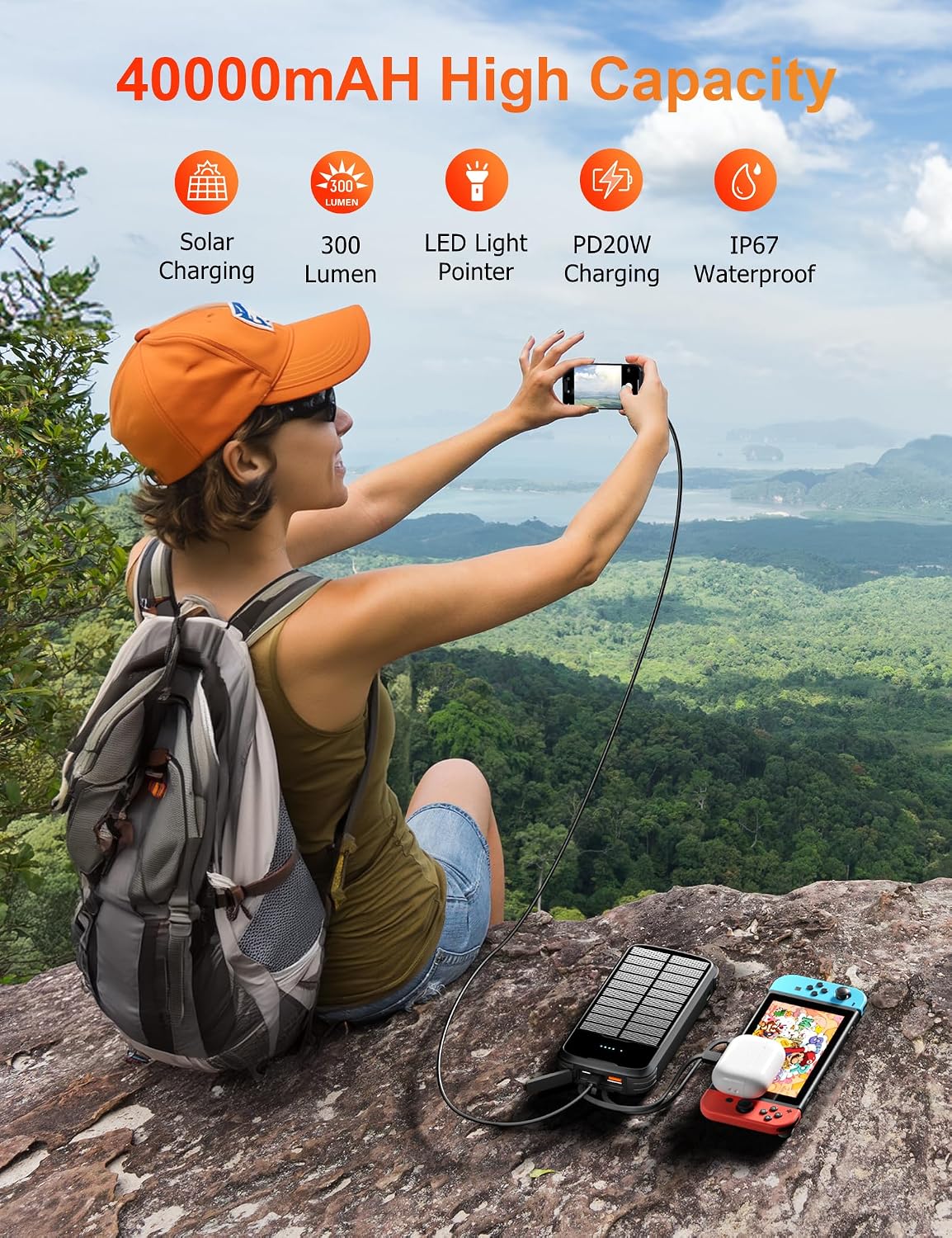 Detalle 2 de MINRISE 40,000mAh Solar Power Bank, 20W PD, Built-In Cables