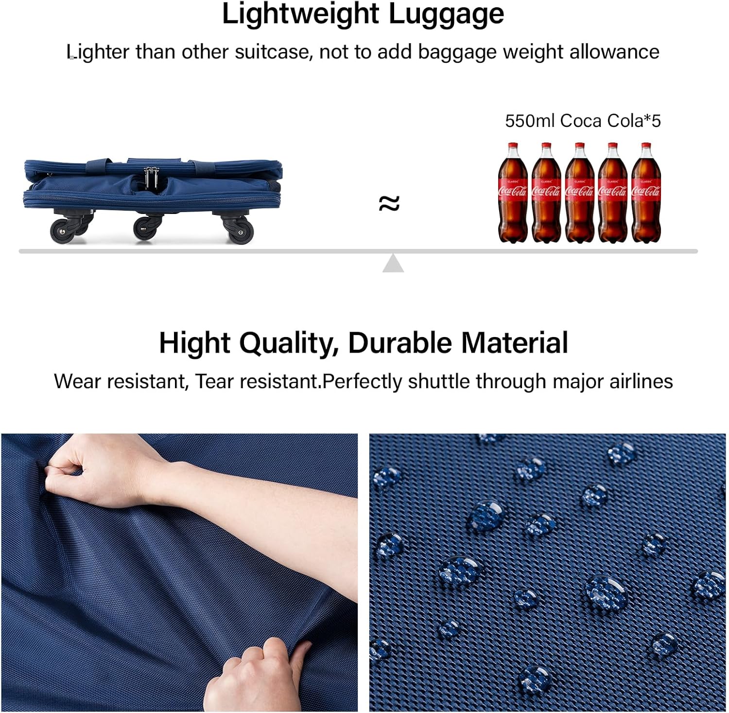 Detalle 2 de Hanke Expandable Large Suitcase 4 Wheels – Lightweight, Foldable 68L–98L (20/24/28 inch) with No Telescopic Handle, Blue