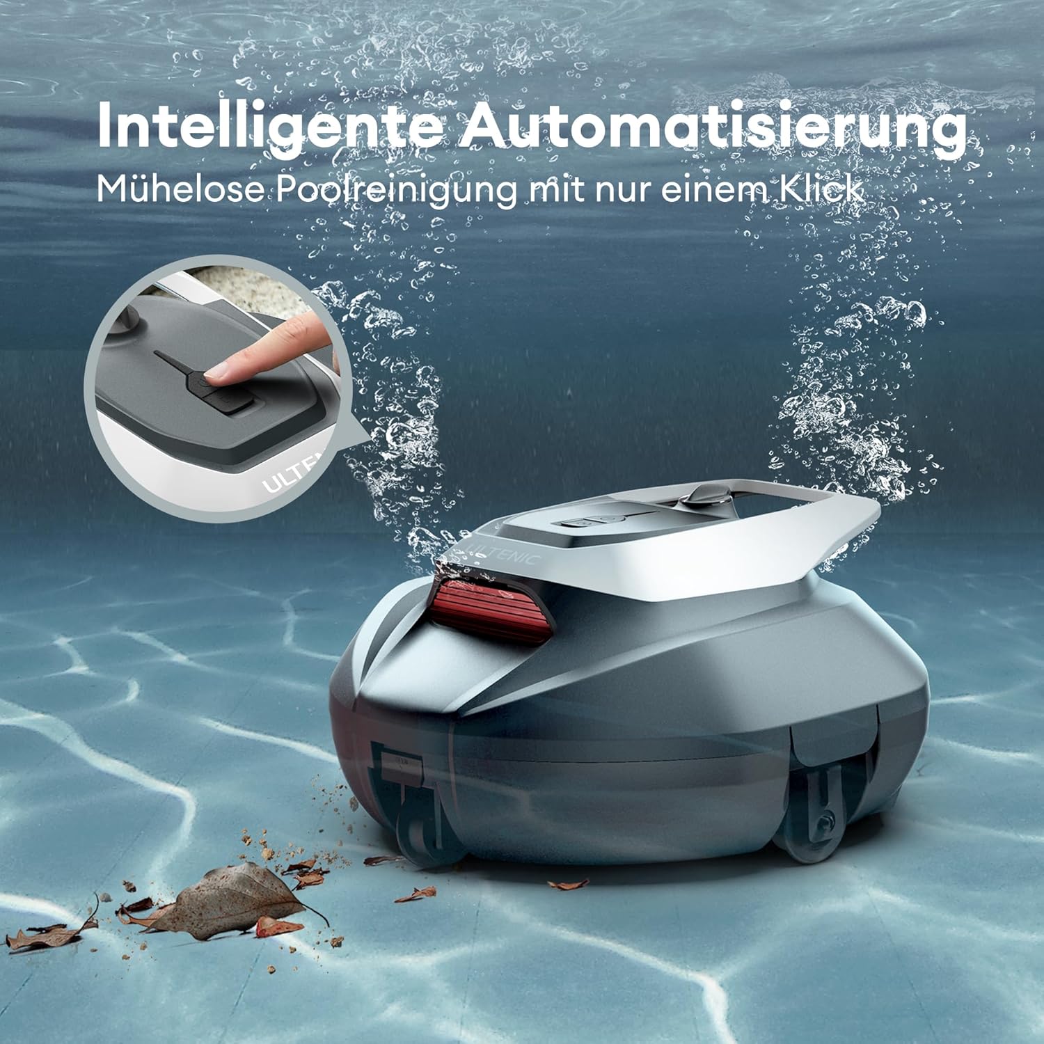 Detalle de Ultenic Pooleco 10 Poolroboter – kabelloser Poolreiniger mit Dualmotor, 90-Minuten Laufzeit, 80 m² Reinigungsfläche