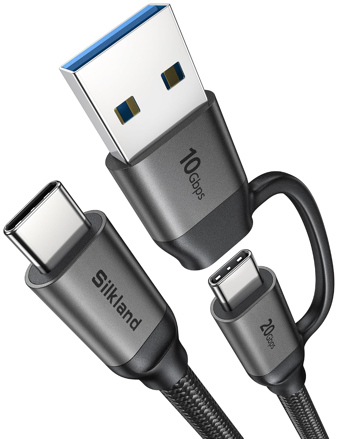 Detalle de Silkland 2-in-1 USB A to USB C Data Cable: 10Gbps + USB-C 3.2 Gen 2x2 20Gbps, 15W/240W Fast Charging, 3.3ft