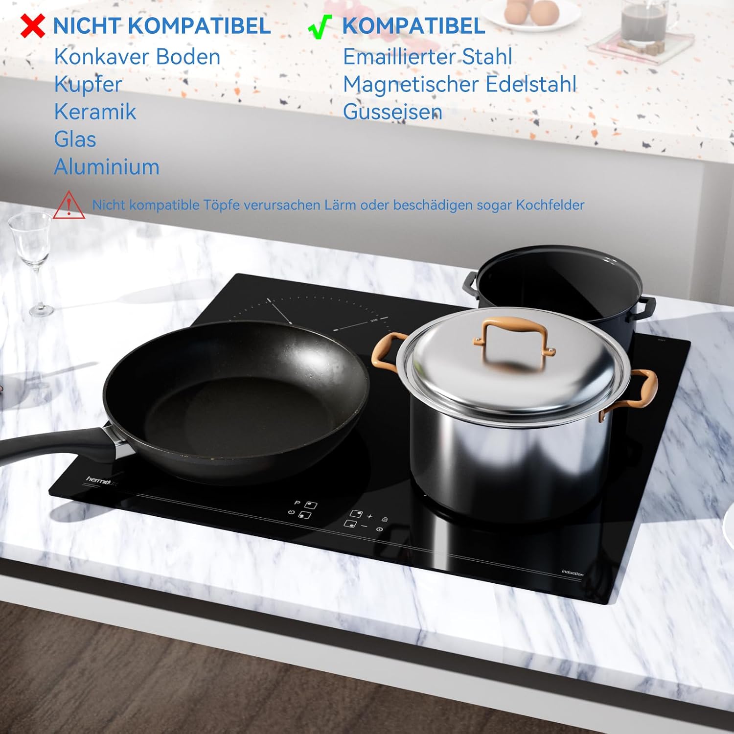 Detalle 2 de Hermitlux Induktionskochfeld 60 cm mit 4 Zonen, Booster & Touch-Bedienung (9 Leistungsstufen)