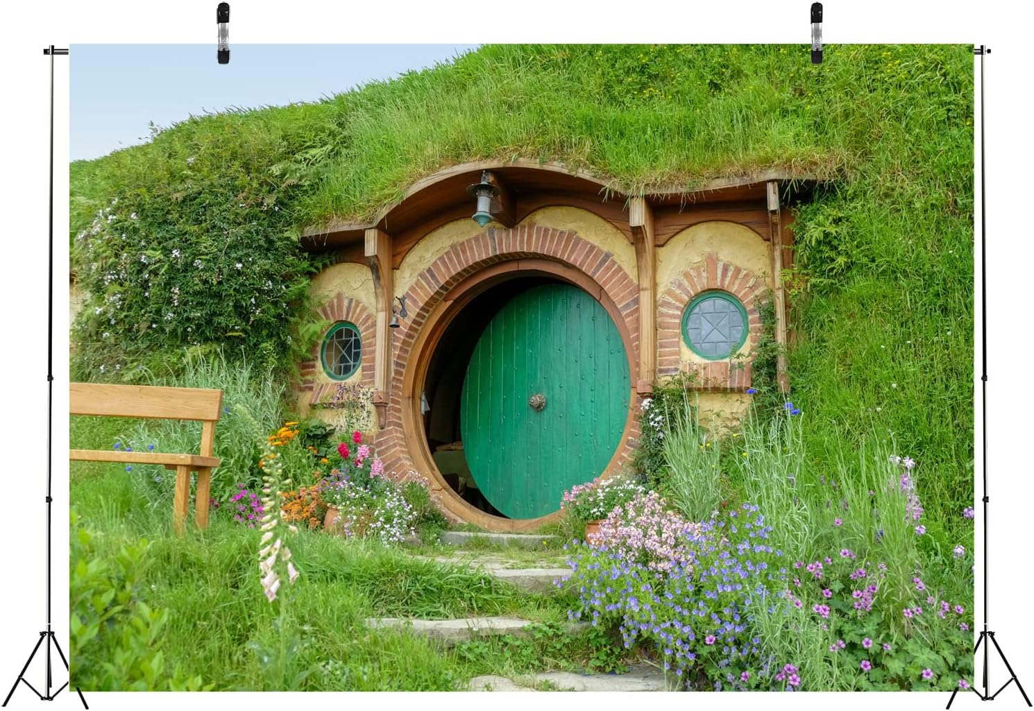 Detalle de BELECO 3x2.5m Fabric Hobbit Cave Photography Backdrop (Polyester, Green Grass Garden)