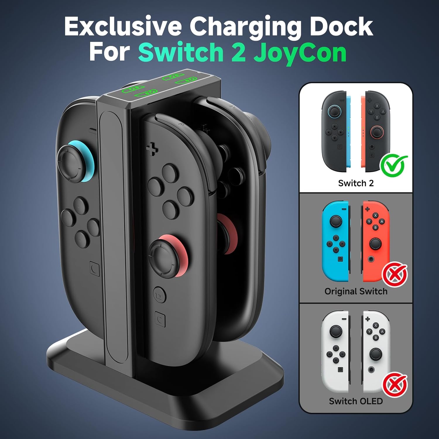 Detalle de YCCTEAM 4-in-1 Fast Charger Dock for Switch 2 Joy-Con (2025) with Magnetic Alignment and LED Indicators