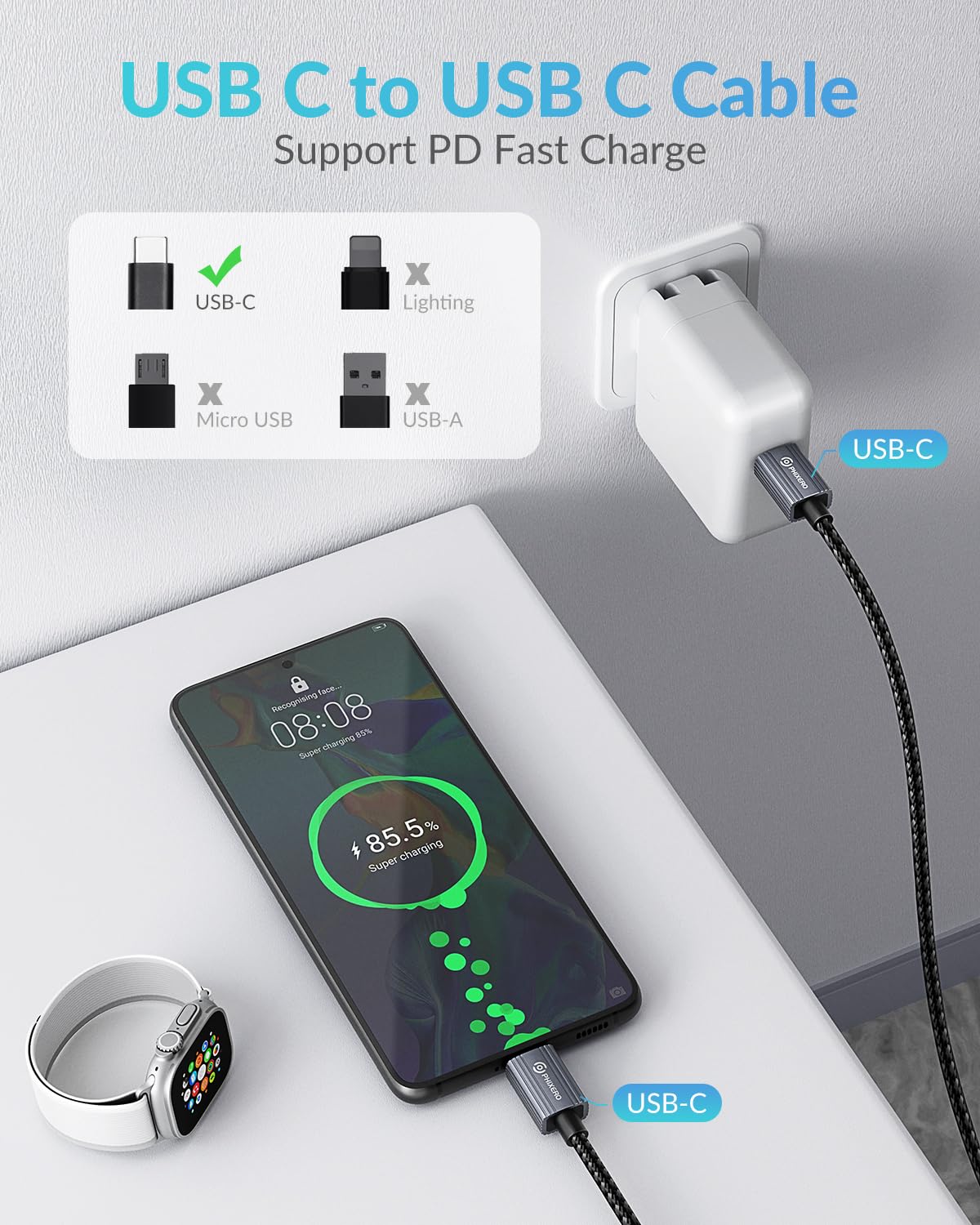 Detalle 2 de PHIXERO 100W USB-C-auf-USB-C Kabel 3 m – Nylongeflochtenes PD 3.0 Kabel für MacBook, iPhone 17/16/15, Galaxy S25/S24, Steam Deck