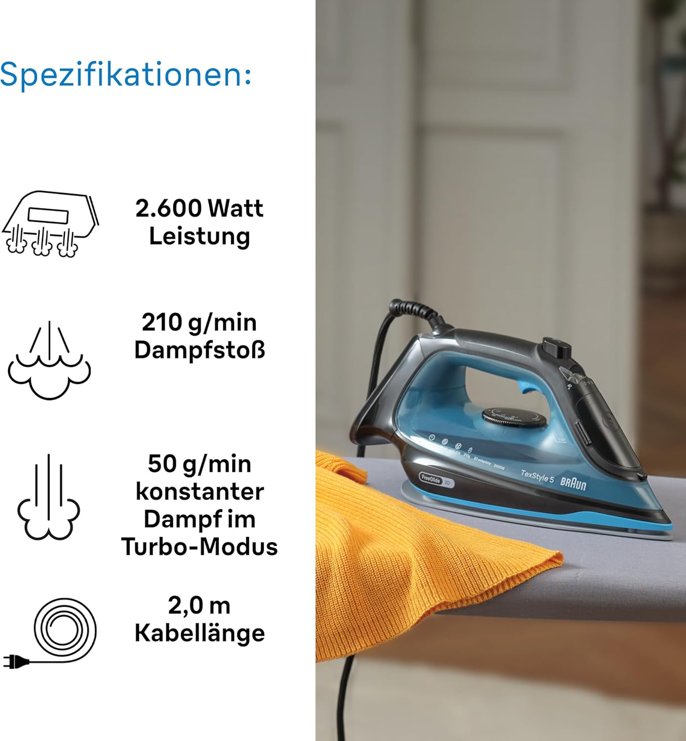 Thumbnail 2 de Braun TexStyle 5 SI5256 BL Dampfbügeleisen – FreeGlide 3D-Sohle, Präzisionsspitze & Vertikaldampf