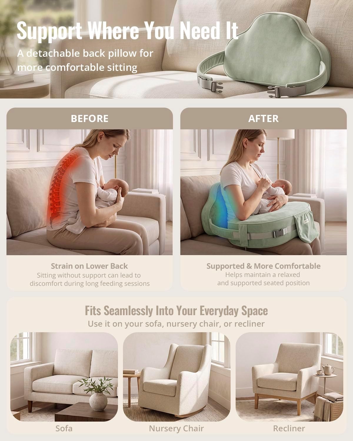 Thumbnail 2 de Blissful Diary BRZH02 Deluxe Nursing Pillow, Sage Green, Dual-Layer Foam