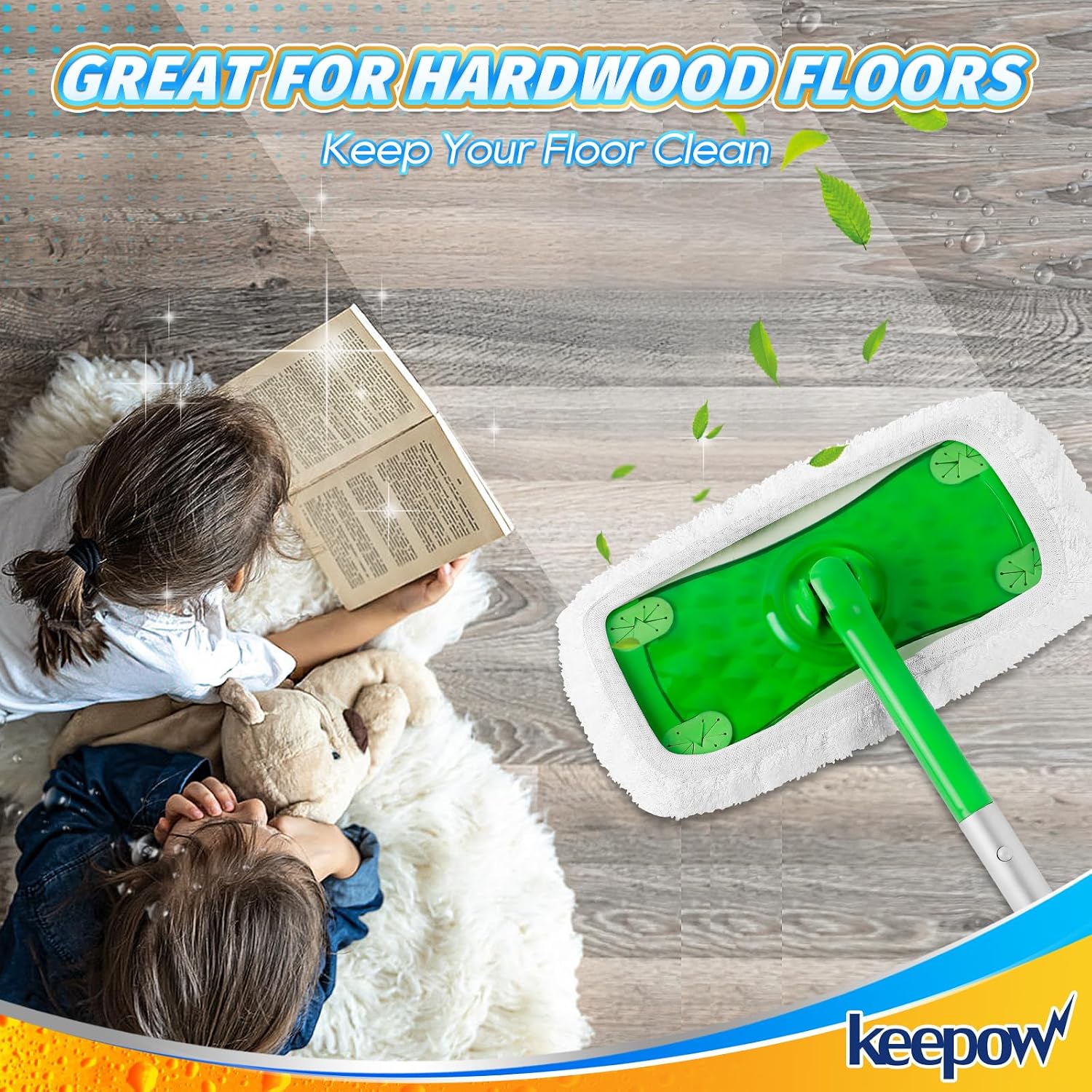 Detalle 2 de KEEPOW Reusable Microfibre Mop Pads, Washable Wet and Dry, 2-Pack