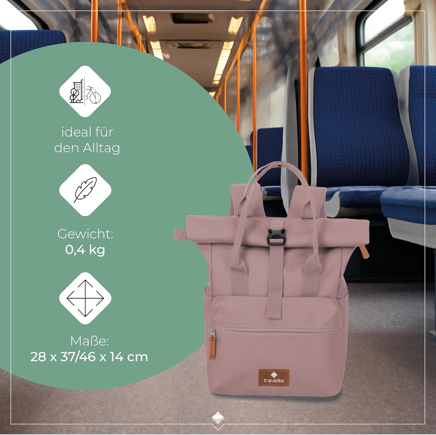 Thumbnail 3 de Travelite Handgepäck Rucksack – Laptop Rucksack 14 Zoll, Basics Short Handle Rollup, Reisepucksack mit Rolltop