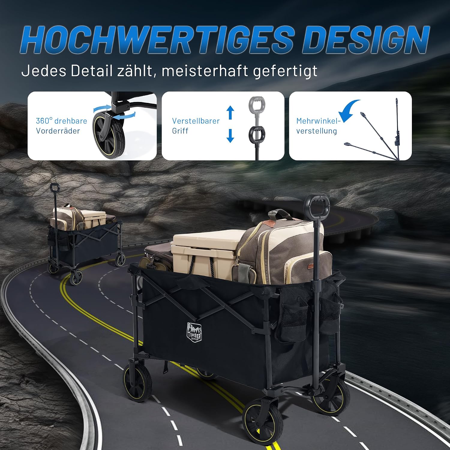 Detalle 2 de TIMBER RIDGE Bollerwagen Faltbar 200L mit Getränkehalter und verstellbarem Griff – Allround-Handwagen für Gelände