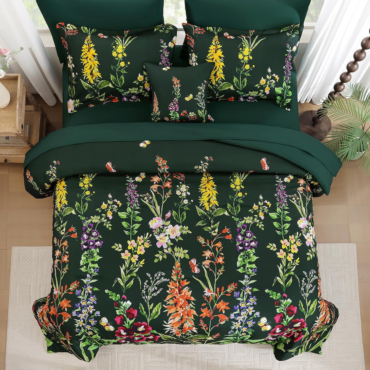 Detalle de WONGS BEDDING Floral Comforter Set Queen Size – 8-Piece Botanical Reversible Bedding