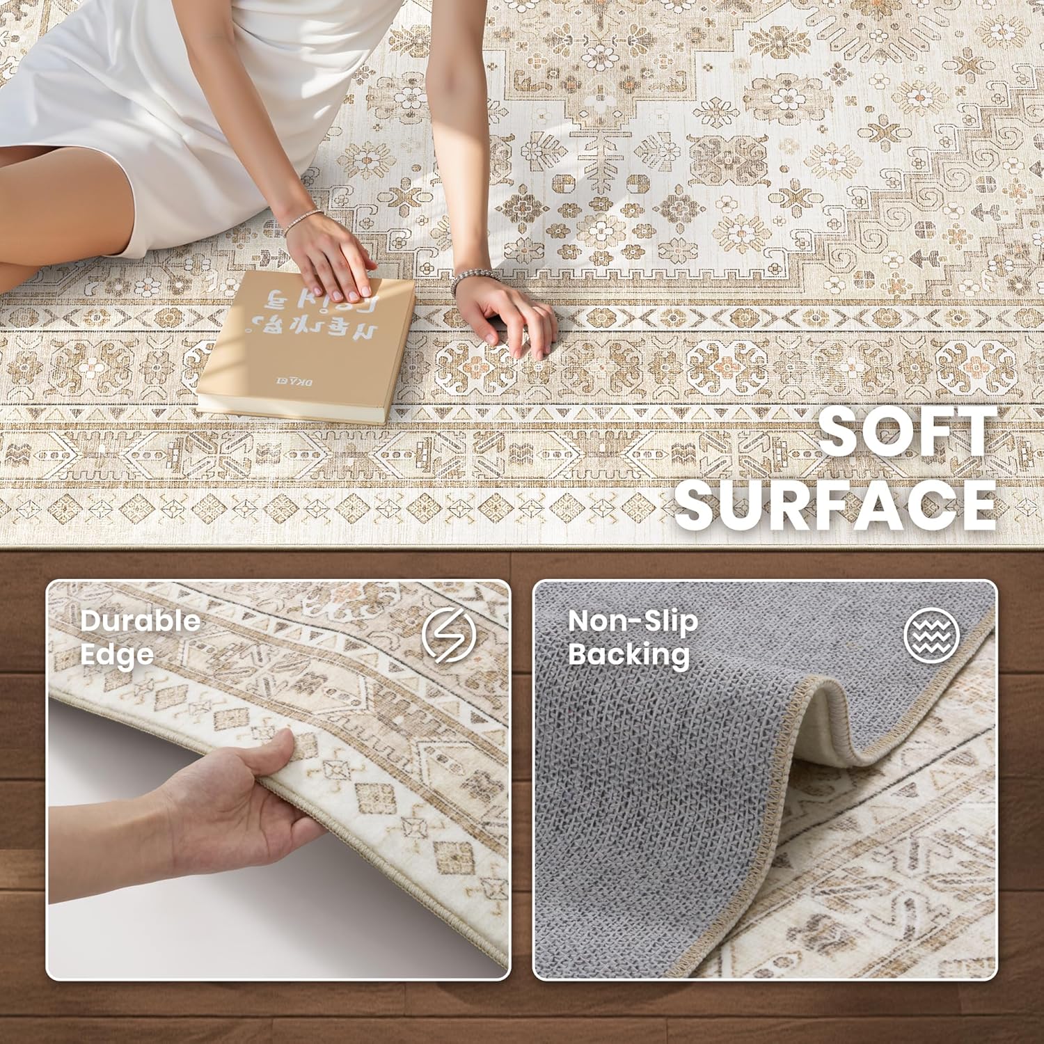 Thumbnail 5 de Zesthome 9x12 Area Rug: Cream/Beige, Non-Slip Backing, Machine Washable & Ultra-Thin